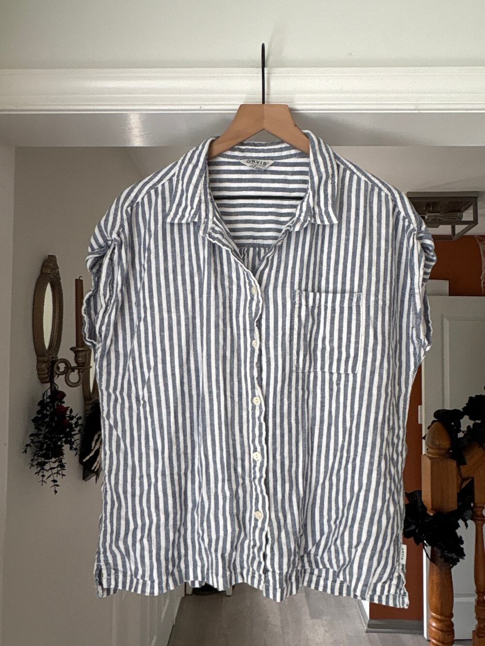 Orvis Blue White Linen Stripe Button Down Top Large Short Sleeve